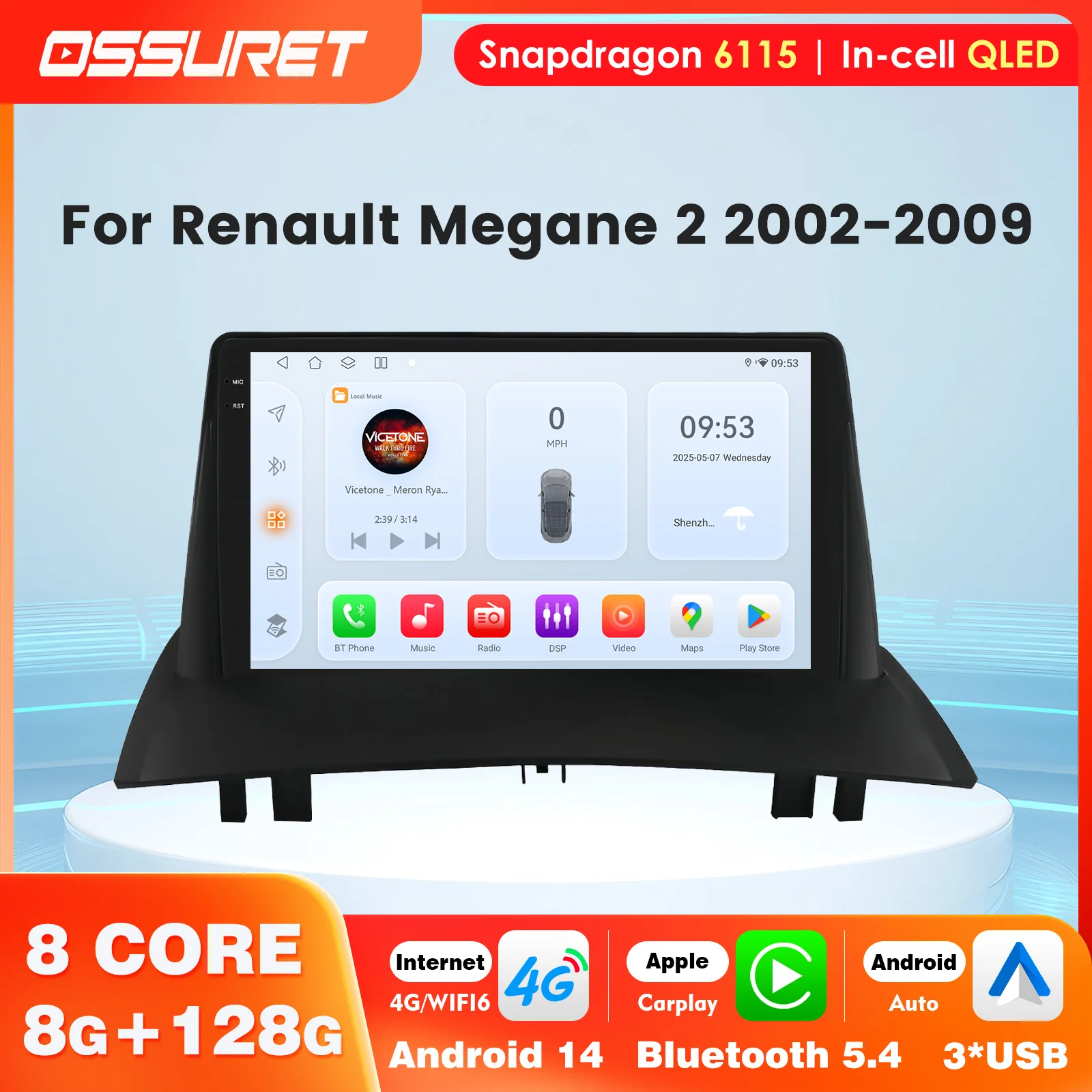 Android Auto Autoradio per Renault Megane 2 2002 -2009 Wireless Carplay Lettore multimediale per auto DSP Navigazione 2DIN Stereo WIFI BT