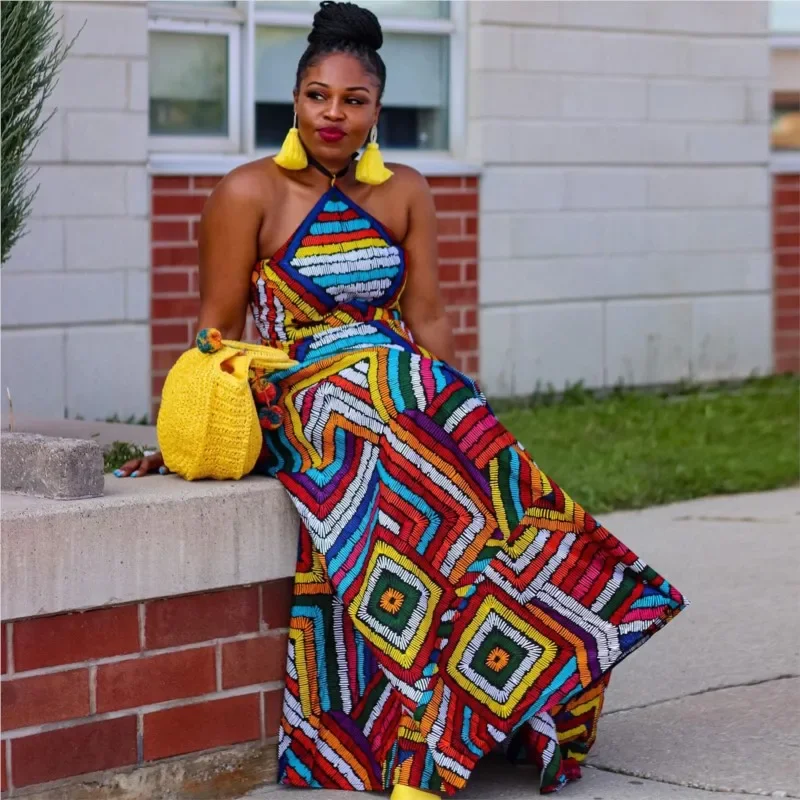 African Dresses For Women 2024 New Arrival Summer Dashiki Sexy Printed Backless Sleeveless Dress Nigeria Turkey Africa Clothes