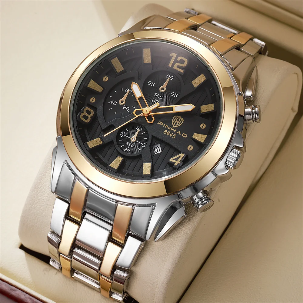Fashion Men Two Tone Quartz Watch Decorative Multi Small Dials Stainless Steel Strap with Date