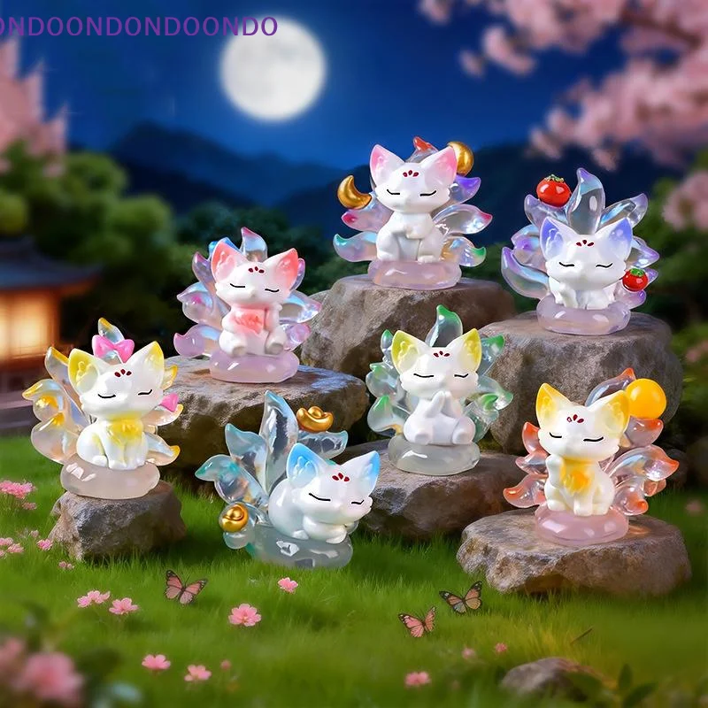 Cute Nine Tailed Fox Blind Box Figurines Transparent PVC Mini Collectible Figure for Desktop Home Office Decor