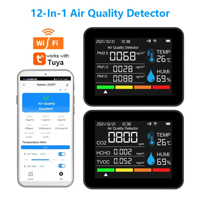 12-In-1 WiFi Air Quality Monitor Air Dust Pollutants PM2.5 PM1.0 PM10 and Thermometer with Temperature and Humidity Co2 Monitor