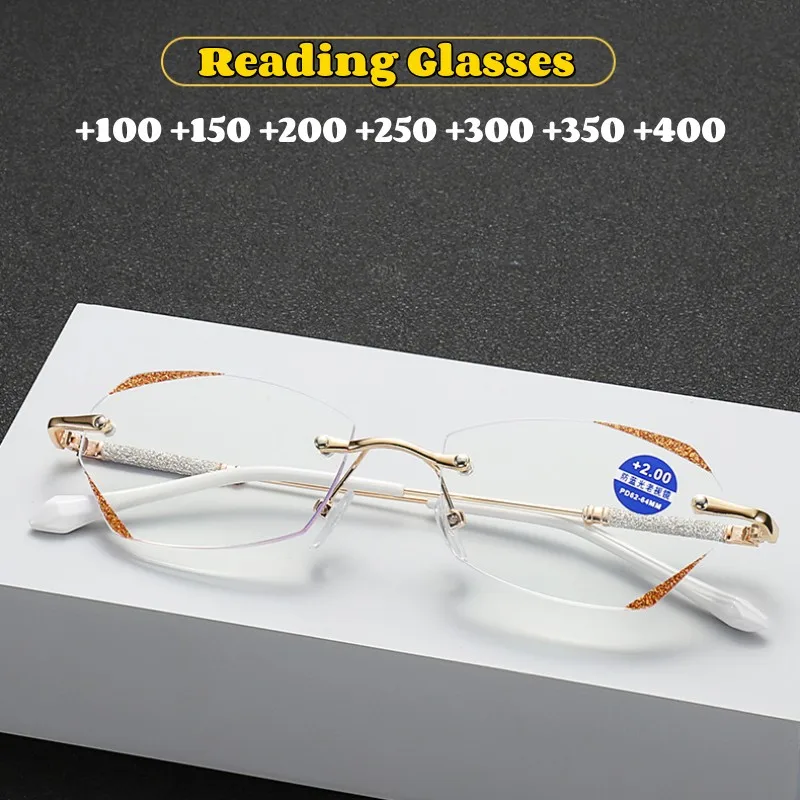 

Stylish Women Reading Glasses Luxury Rimless Diamond Presbyopia Eyeglasses Fashion Clear Lens Computer Optical Far Sight Eyewear