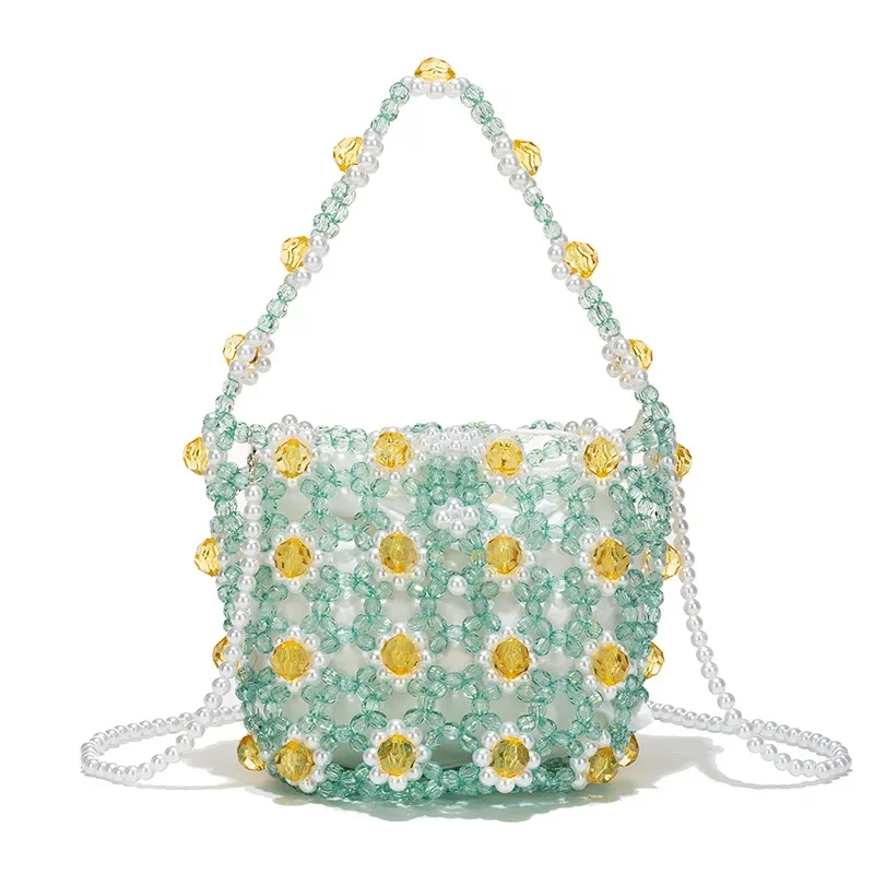 

Round Hollow Beaded Single Shoulder Crossbody Bags Small Fresh Handmade Beaded Little Daisy Handheld Bucket Bag Customization