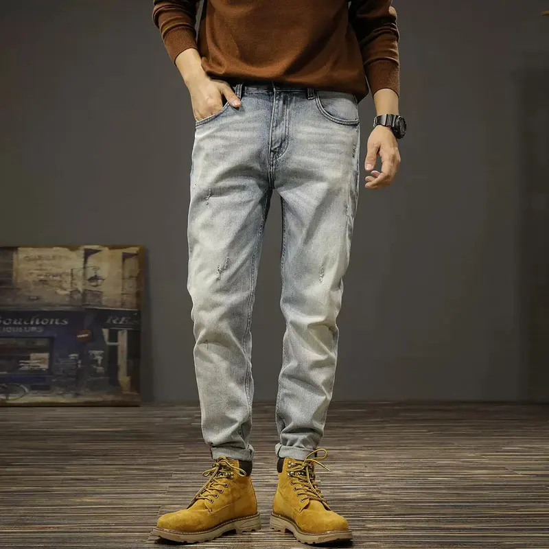 Fashion Designer Men Jeans Retro Light Blue Elastic Stretch Slim Ripped Jeans Men High Quality Vintage Casual Denim Pants Hombre