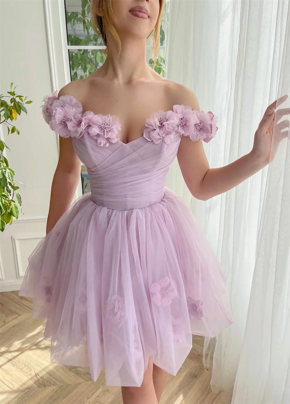 Elegant Lilac Floral Mini Dress Graduation Prom Dress Homecoming Dress Formal Occasion Dress Special Occasion Universal