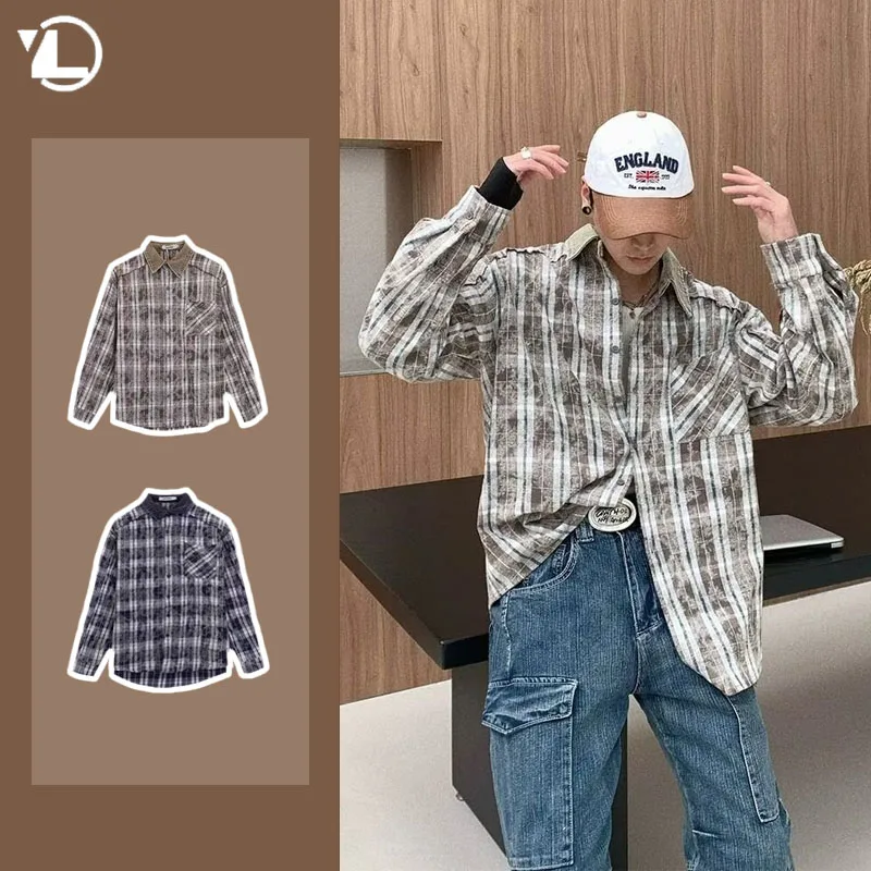 Japanese Harajuku Mens Shirt Jacket College Casual Plaid Washed Fashion Couple Tops Long Sleeved Spring Men Cardigan Streetwear