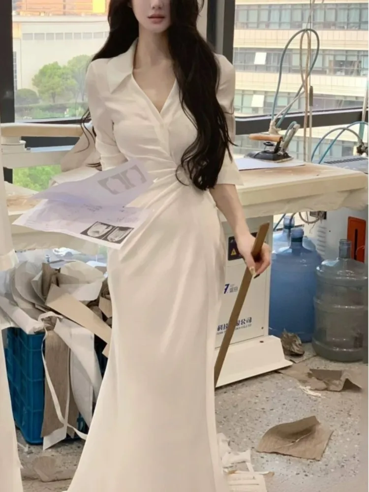 Autumn White V-neck Shirt Dresses for Women Elegant Long Sleeve Slim Waist Mermaid Vestidos Casual Office Lady One Piece Dress