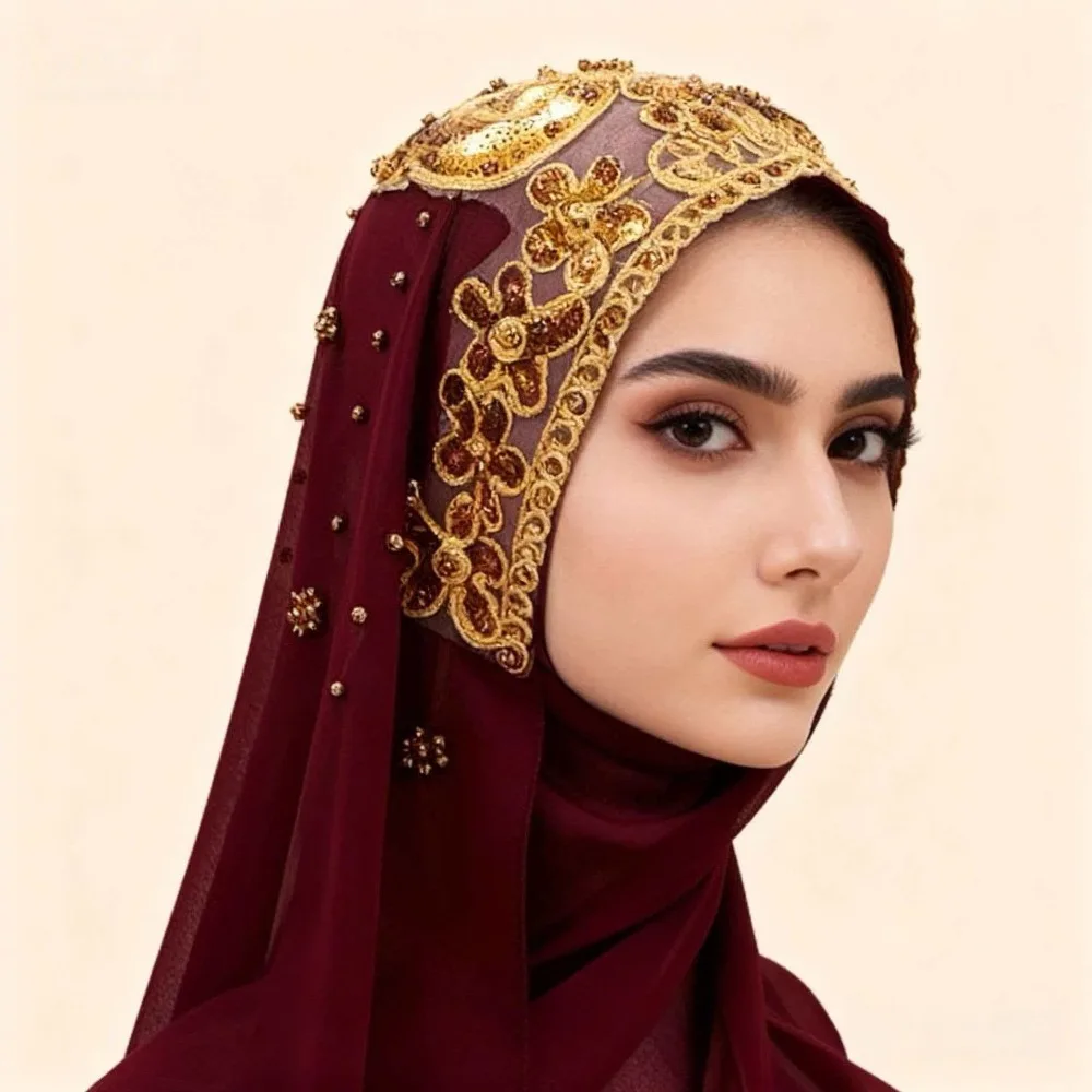 

Elegant Silk Pearl Chiffon Hijab Scarf Gold Beads Embroidery Women Headscarf Thin All-march Sequin Wraps Shawl Women