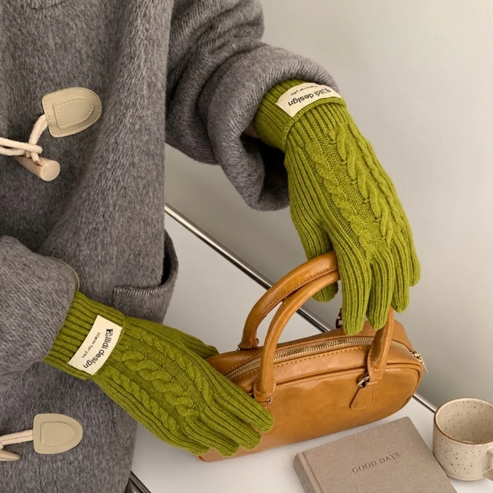 Polyester Cable Knitted Gloves Long Cuff Design Solid Color Touch Screen Gloves One Size Warm Lining Cold Proof Gloves Cycling