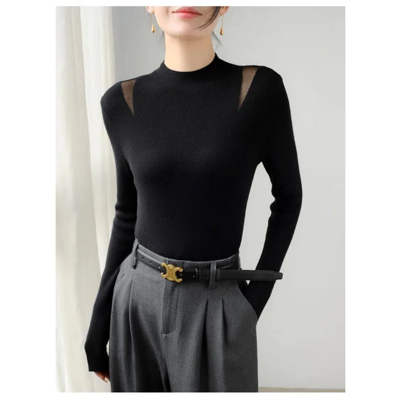 نصف الياقة المدورة الصوف محبوك المرأة الخريف والشتاء 2025 جديد الراقية كسول نمط الداخلية قاع #2