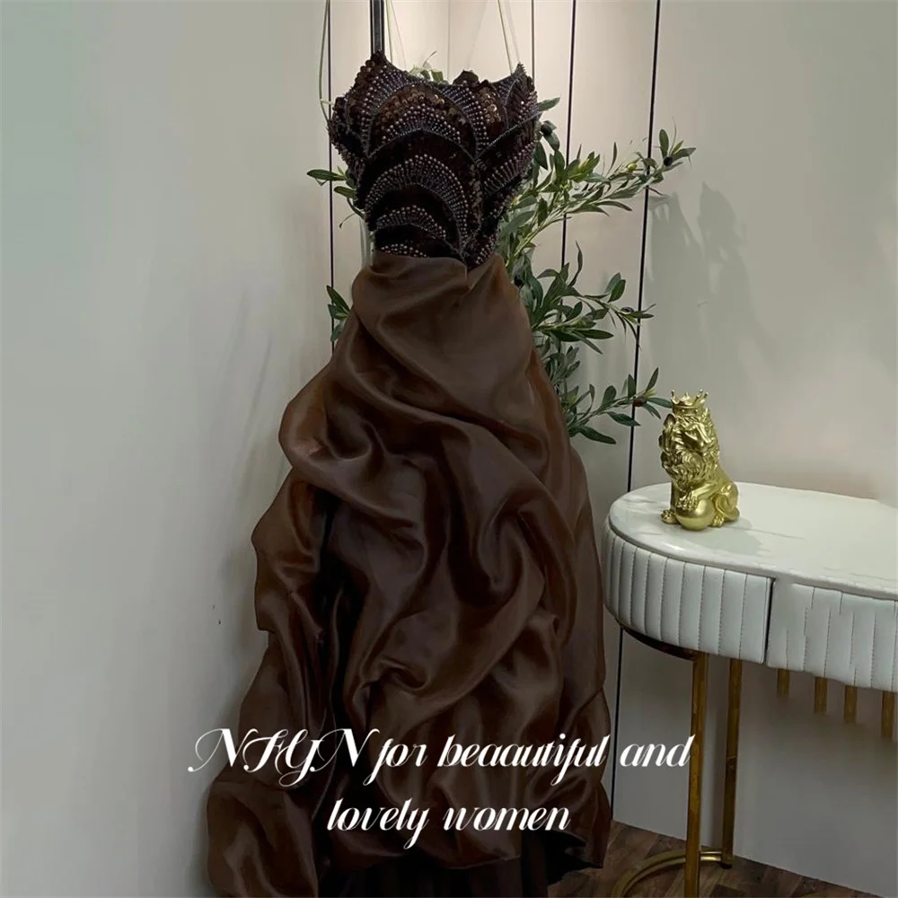NFYN Brown Evening Dresses Strapless Sleeveless Prom Dresses Beading On Chest Party Formal Gown Layered robe de bal Customized