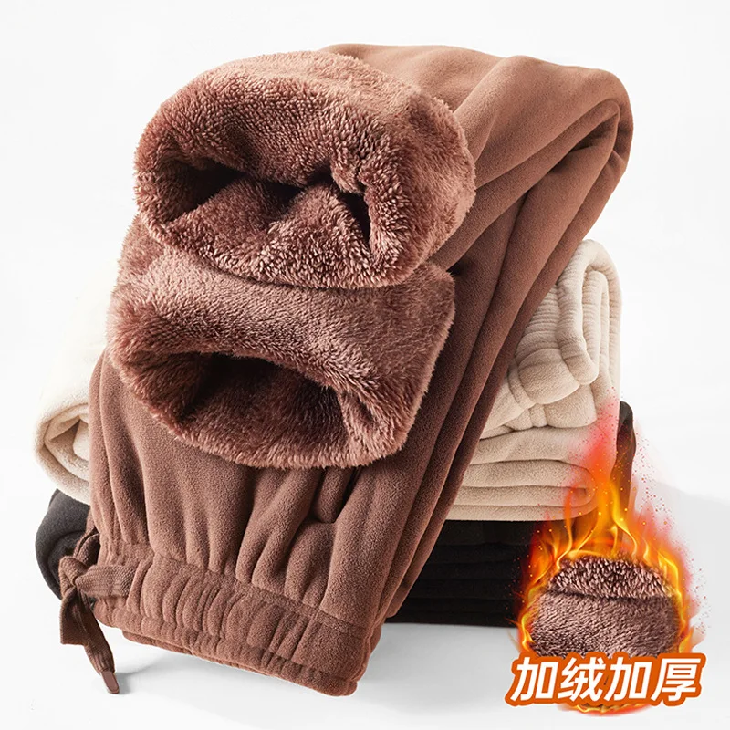 Men's Winter Lamb's Wool Pants Thickened Solid Zip Pocket Double-sided Polar Fleece Knit Sweatpants High Quality Windproof Pants