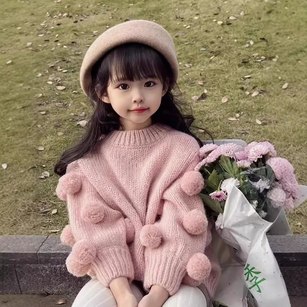 MILANCEL New Autumn Kids Sweater 2-7T Sweet Solid Color Hair Ball Decoration Girls Pullover Korean Loose Thin Children Tops