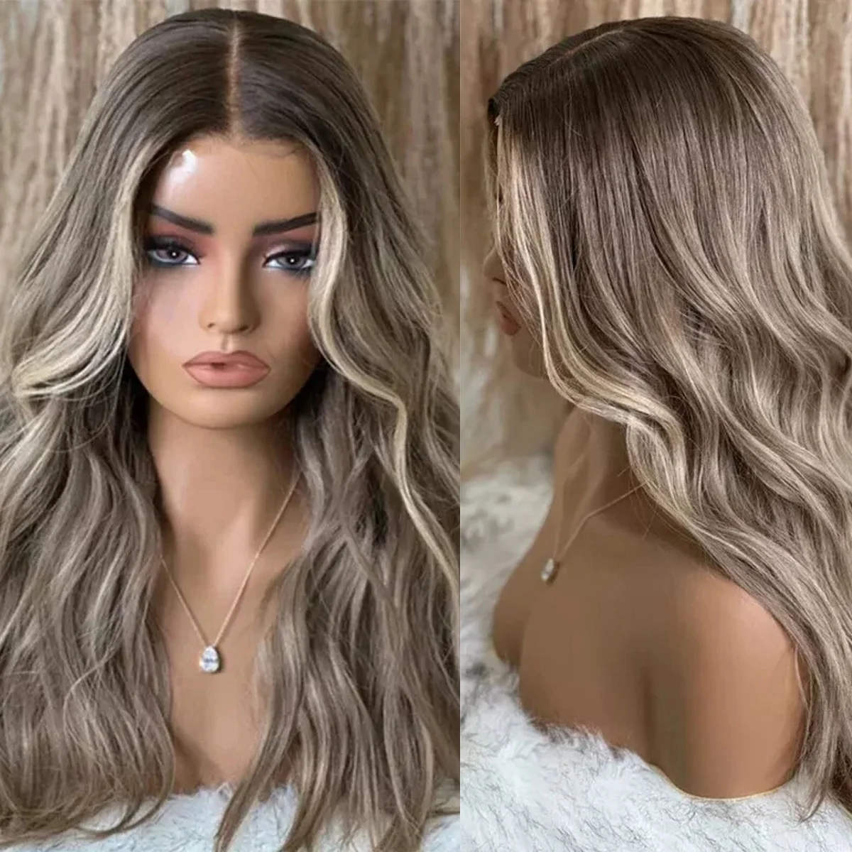 

18-дюймовый высококачественный парик с омбре, средней длины, коричневый с блондными вставками, 13*4 HD, синтетический, с кружевной передней частью, смесь человеческих волос и синтетического премиум-волокна