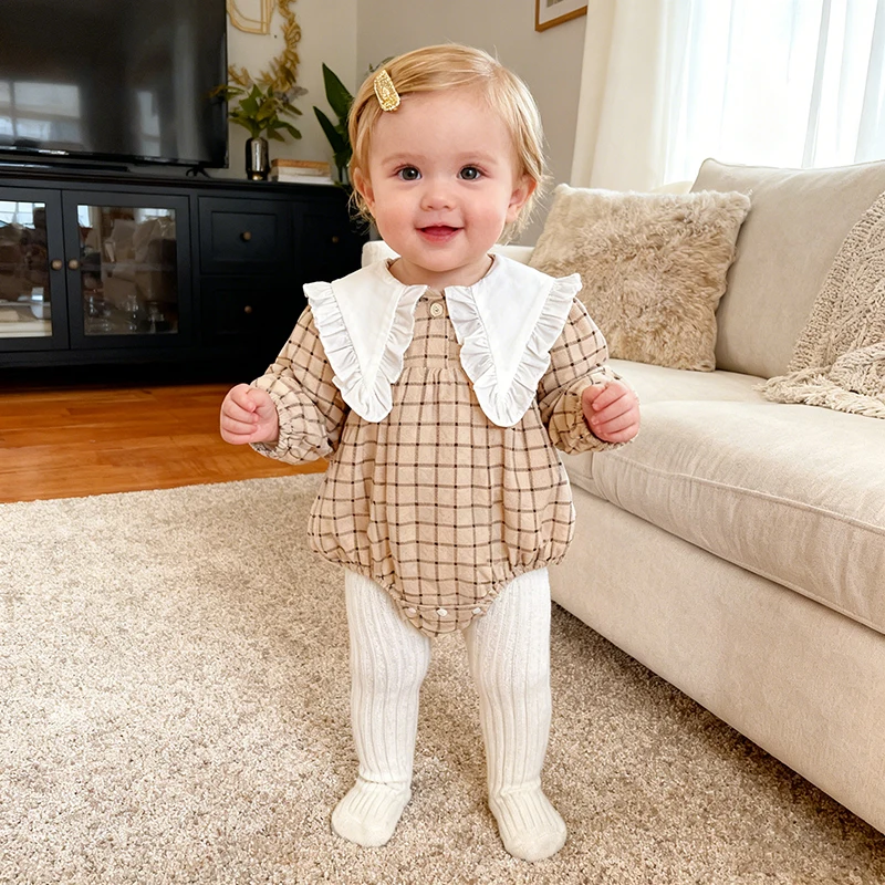 

2026 New Spring Toddler Baby Girl Lapel Splicing Romper Long Sleeved Cotton Embroidery Newborn Jumpsuit 0-24M Baby Girl Clothing