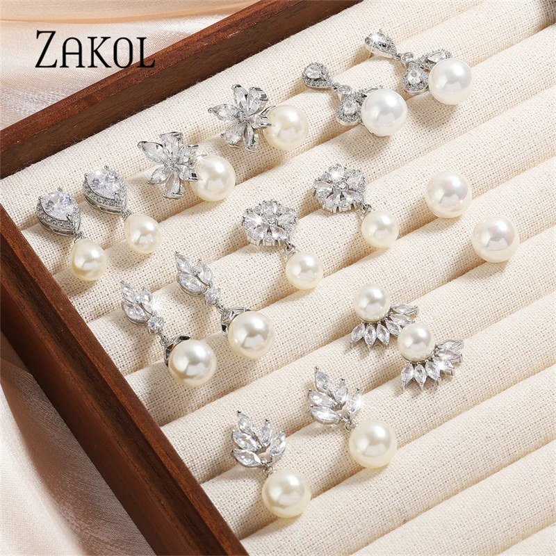 ZAKOL Korea Fashion Imitation Pearl Flower Stud Earrings Shinny Marquise Zircon Wedding Earring for Women Party Jewelry Brinco