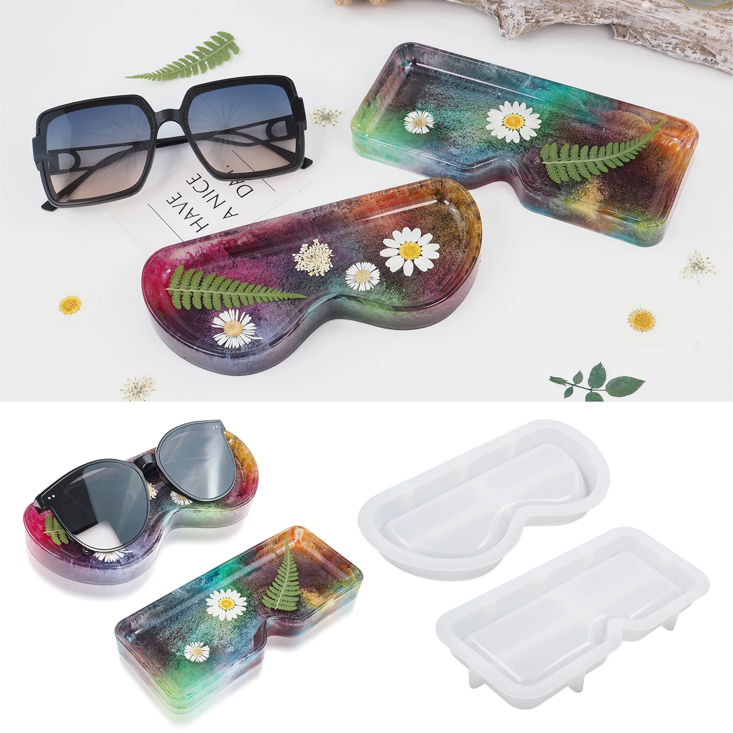 2 PCS Eyeglass Tray Epoxy Resin Mold DIY Sunglasses Placement Tray Jewelry Storage Tray Mirror Silicone Mould Home Decor Tools