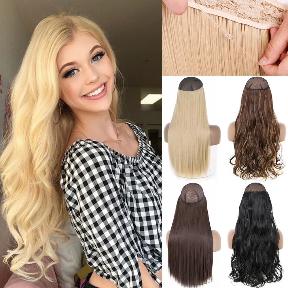 

Synthetic Blonde Long Wavy No Clips Extension Hairpiece In Natural Hidden Secret False Hair Piece Fish Line MixedColor Hairstyle