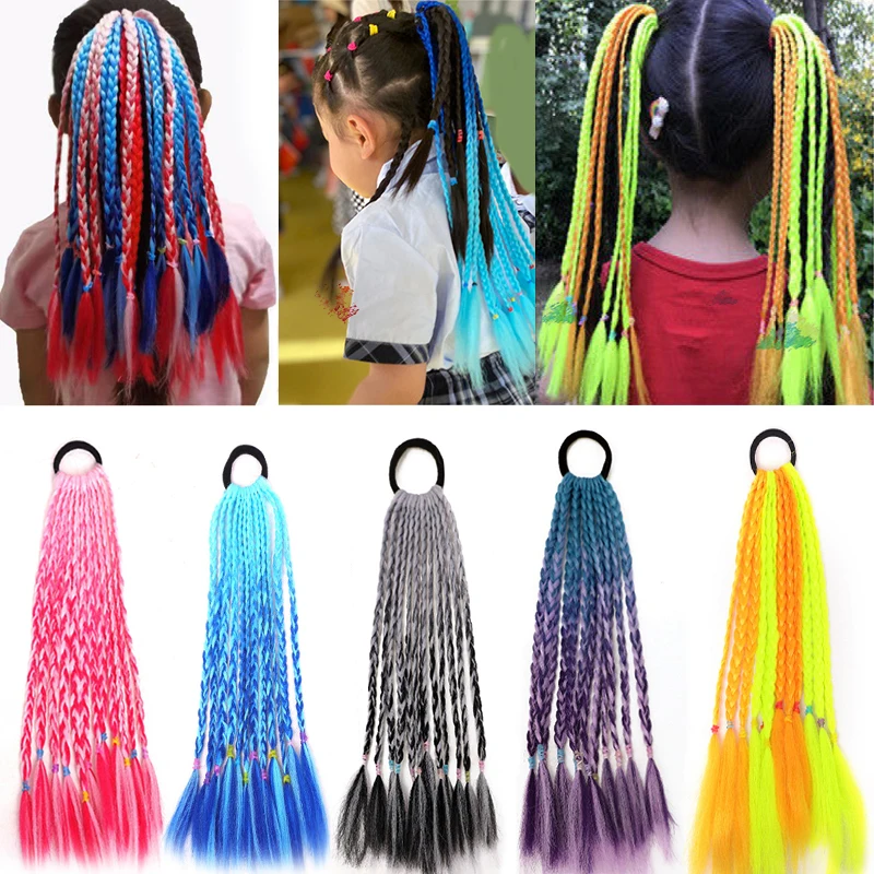 

Synthetic Gradient Color Dirty Braided Ponytail Rainbow 30CM Elastic Rubber Band Braiding Pony Tail Hair Extensions For Girls