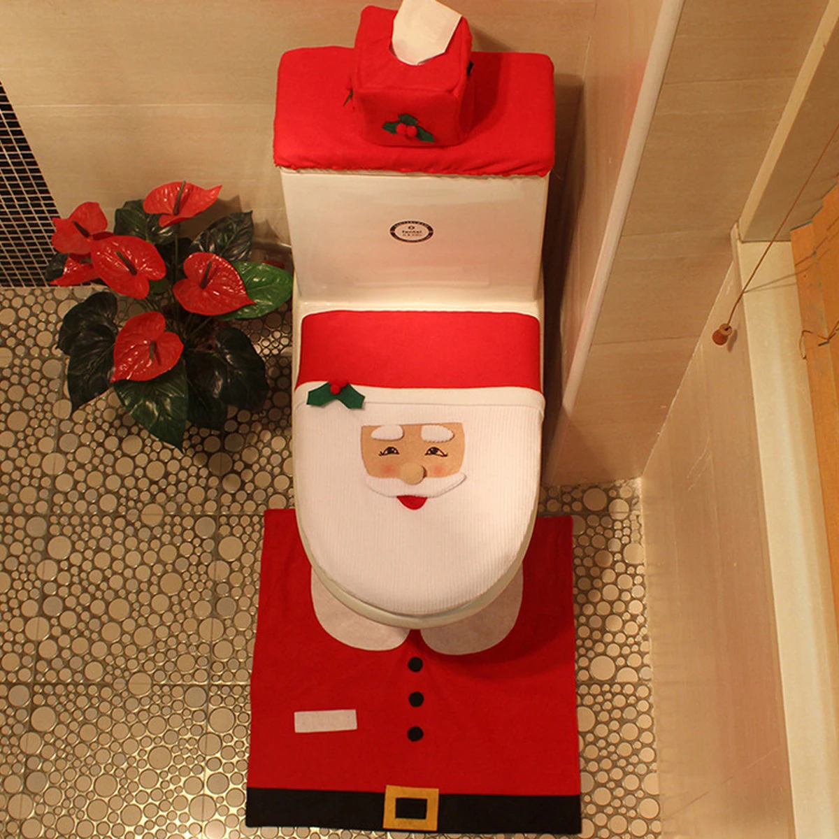 

1 set Christmas Toilet Cover Set Flannel Bathroom Accessories Santa Claus Design Warm Seat Mat Easy Install Disassemble Holiday
