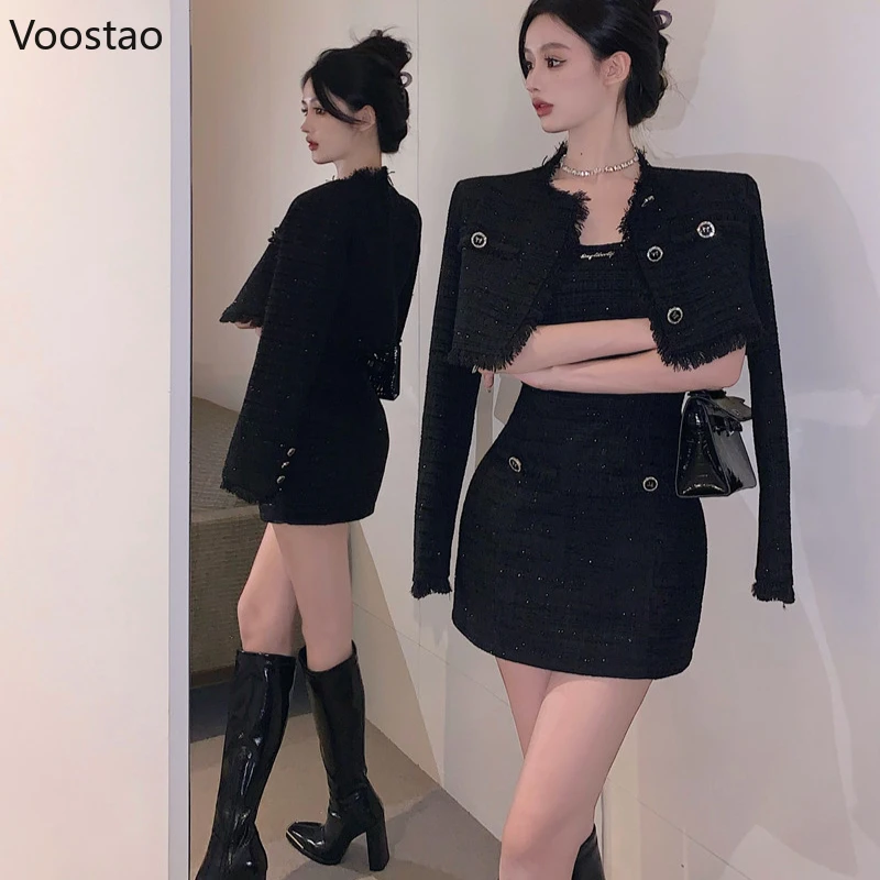 Autumn Elegant 2 Piece Set Women Korean Style Fashion Black Short Jackets Strap Mini Dress Suit Spring Female Casual Y2k Outfits