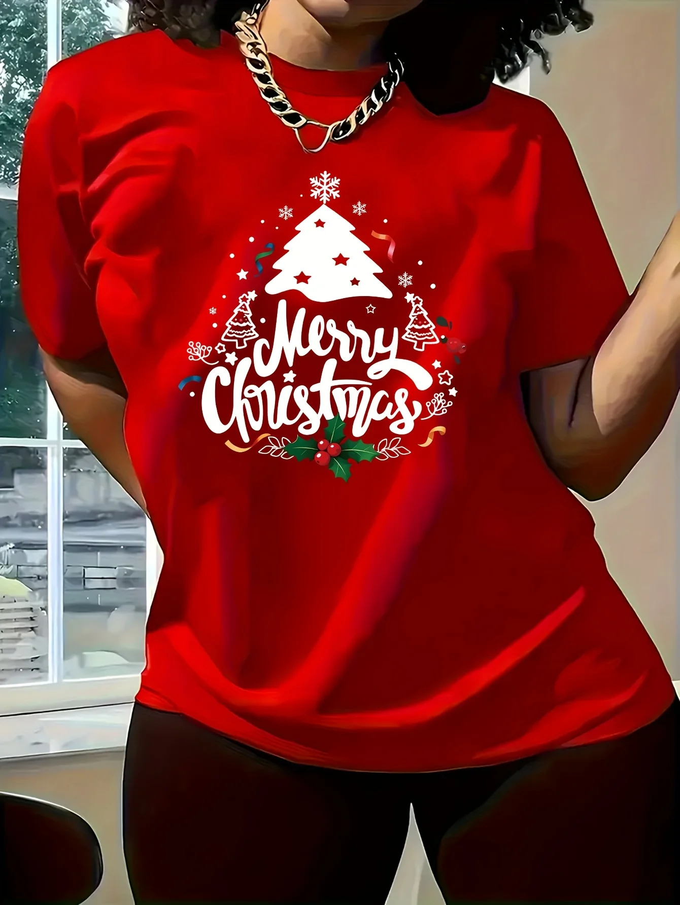 Women Tee Merry Christmas Tree Snowflake Holly Holiday Graphic Print Round Neck Short Sleeve Soft Ladies Casual Loose Shirt