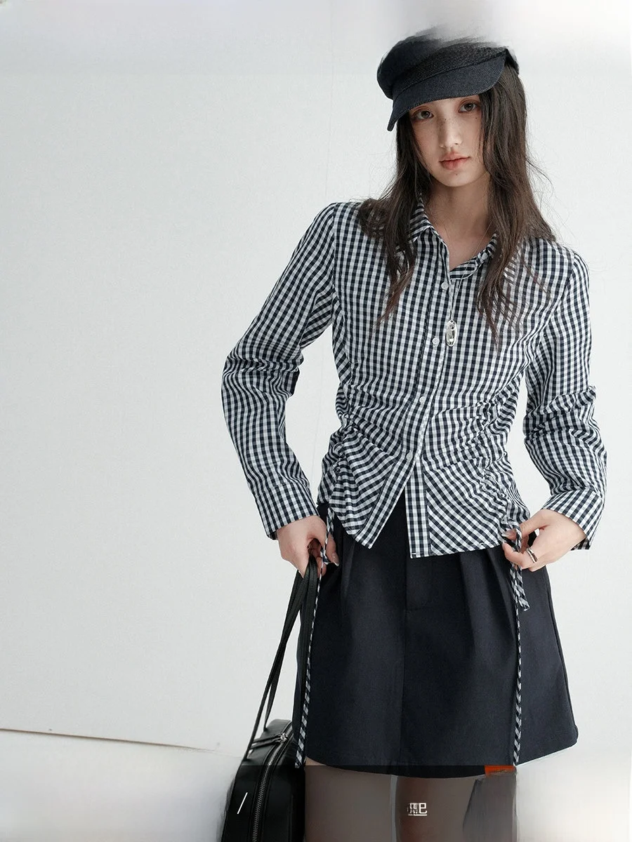 

CHACHASTU Ретро-рубашка в клетку с длинным рукавом для женщин, ранняя весна, элегантный простой приталенный топ с хлопковым воротником