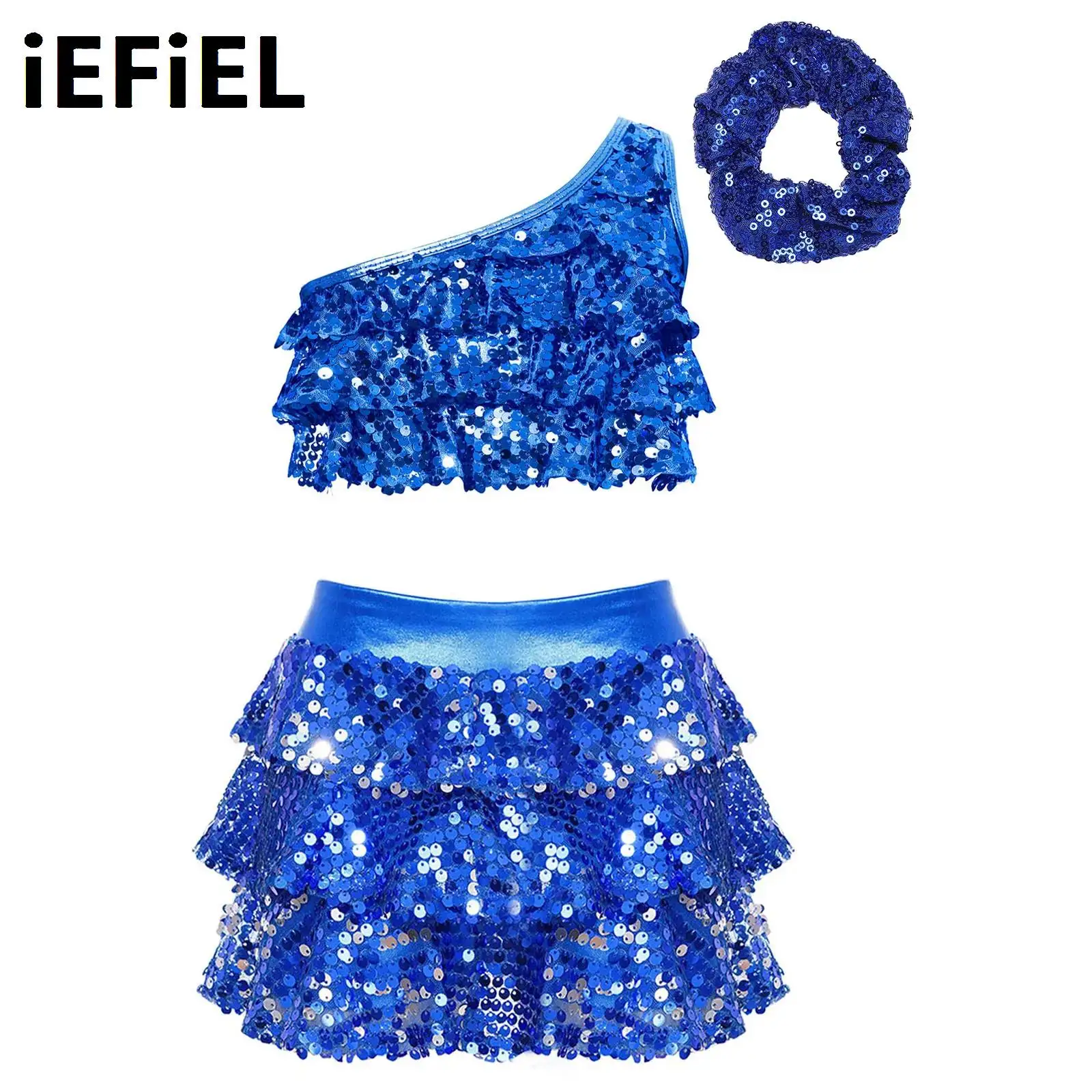 

Kids Ballet Sets Girls Sequins One Shoulder Shiny Tiered Ruffles Crop Top Skirted Shorts Culottes Hair Tie Headwear