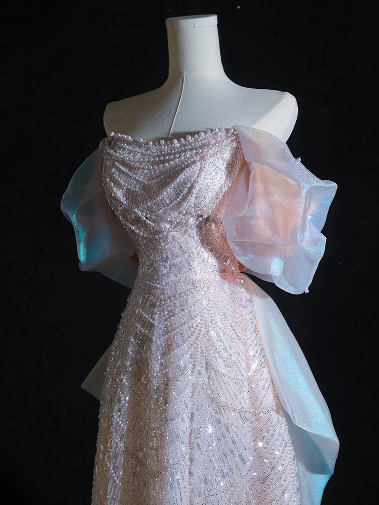 Ele rosa casamento dr com oulder arcos bordado pesado aduação desempenho vestido de baile noite saia longa