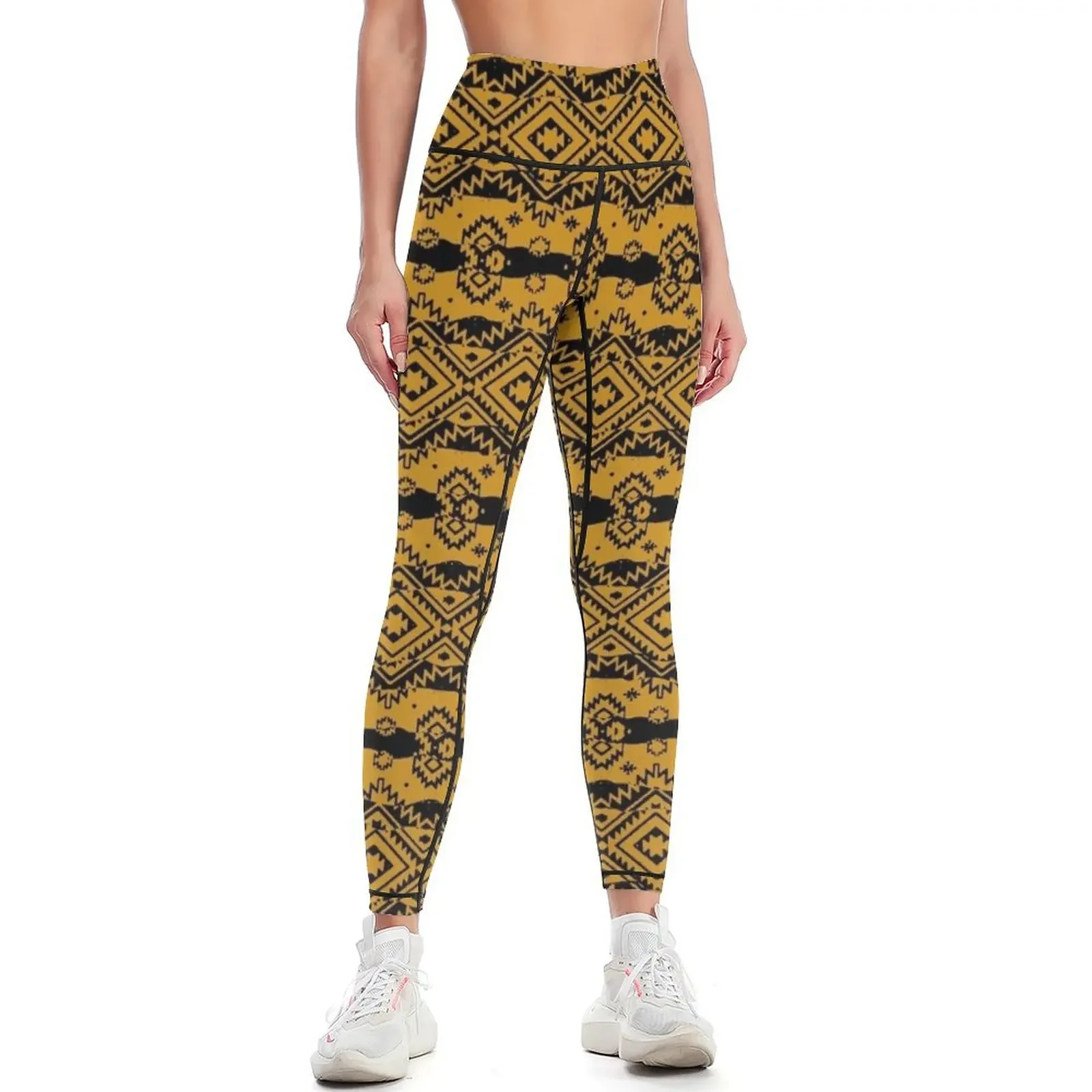 

Mustard Aztec Tribal Ikat Hand Drawn Pattern Leggings legging push up workout shorts Womens Leggings