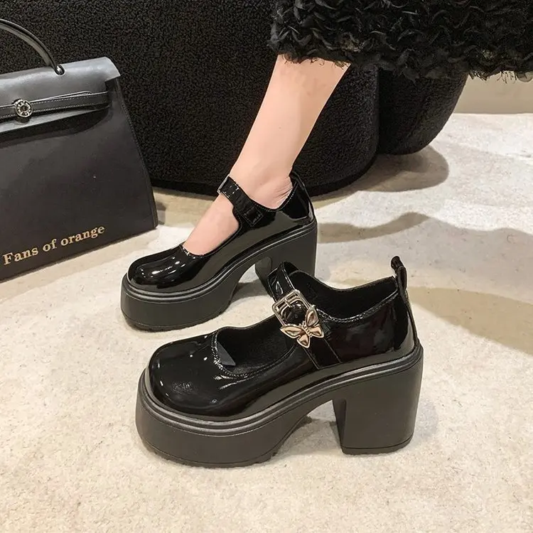 Women Pumps Platform Mary Jane Shoes Super High Chunky Heels 2024 Autumn New Patent Leather Belt Buckle Gothic Lolita Shoes