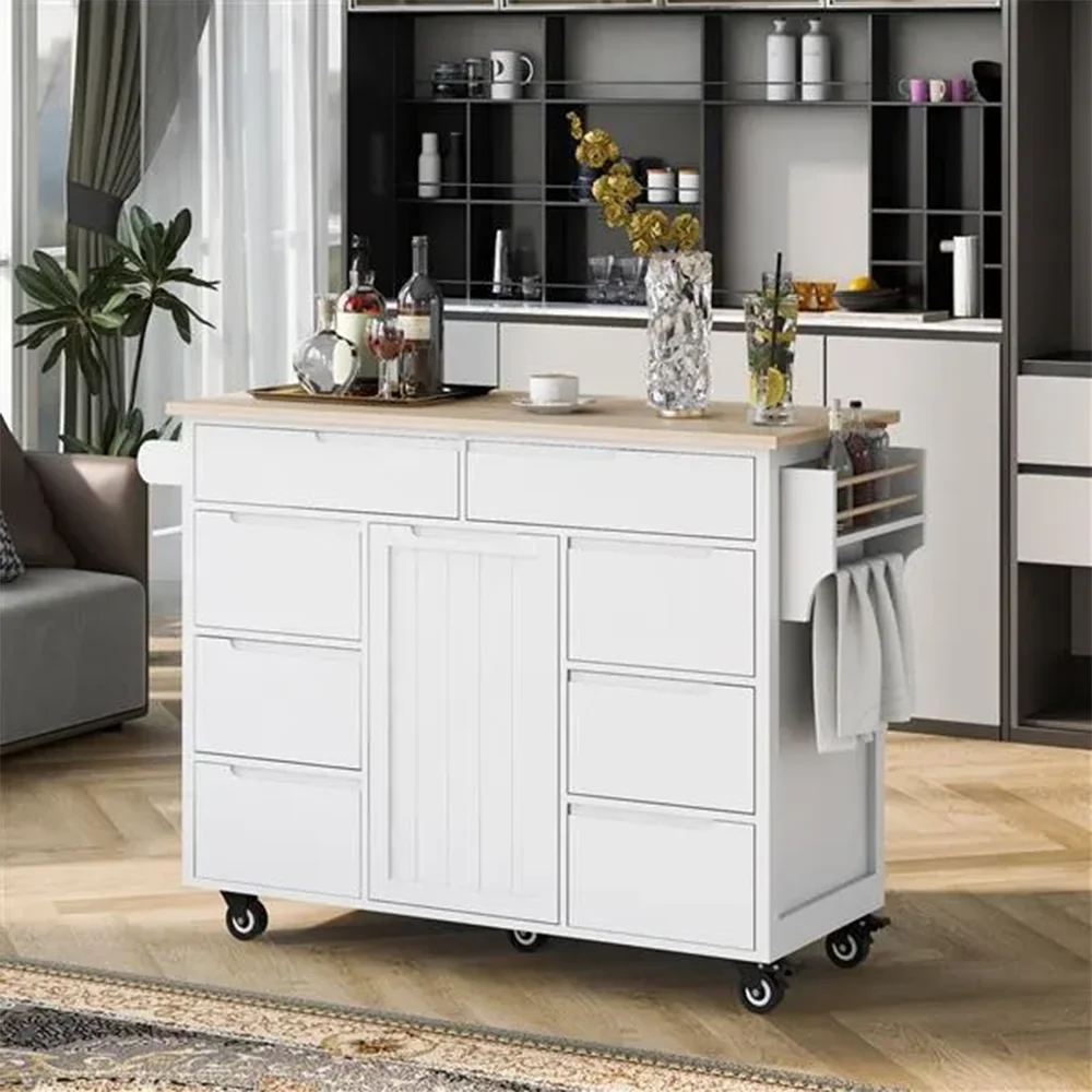 White Kitchen Cart Rubber Wood Countertop Island has 8 Handle-Free Drawers Including Flatware Organizer and 5 Wheels