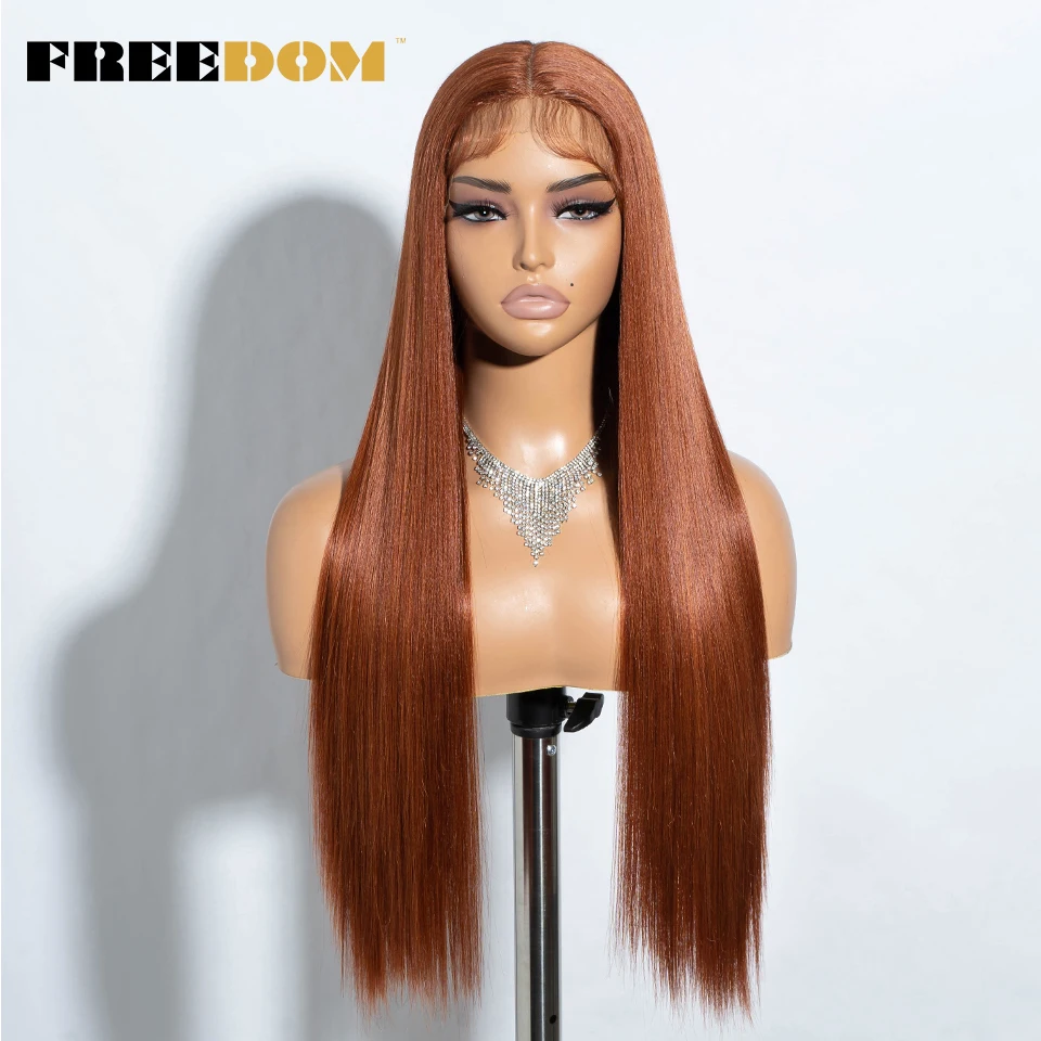 FREEDOM – lange, glatte, synthetische Perücken mit Spitze am Vorderteil für Damen, 30 Zoll, Ombré-Farbverlauf von Braun zu Blond, hitzebeständig, einfach anzuziehen, für den täglichen Gebrauch. – Detail 14