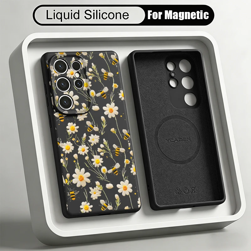 Magnetic Liquid Silicone Phone Case For Samsung Galaxy S26 S25 Ultra S24 Plus S23 S22 Ultra Small Chrysanthemum Soft Back Cover