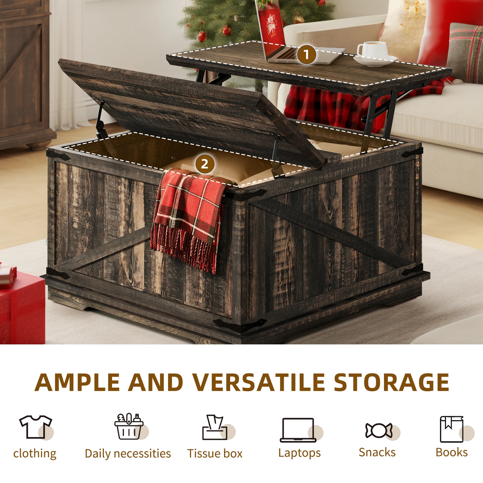 طاولة قهوة Cafe TablesLift مع تصميم مزرعة مربعة للتخزين لغرفة المعيشة #6