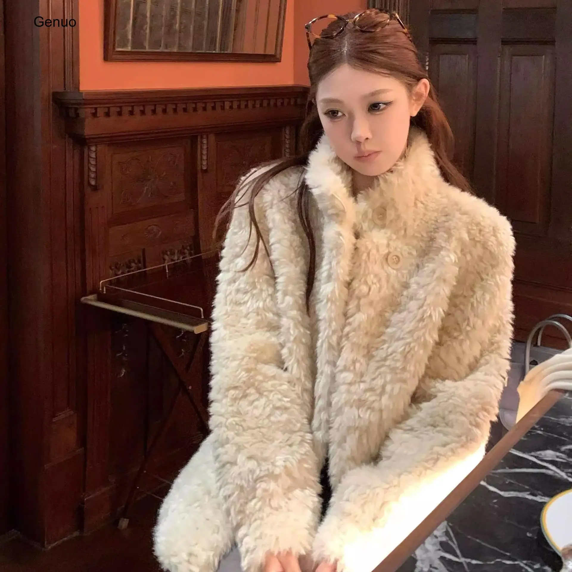 2026 Women Luxury Shearling Leather Jacket Thick Warm Fluffy Fur Coat Patchwork Winter Outerwear Elegant Streetwear