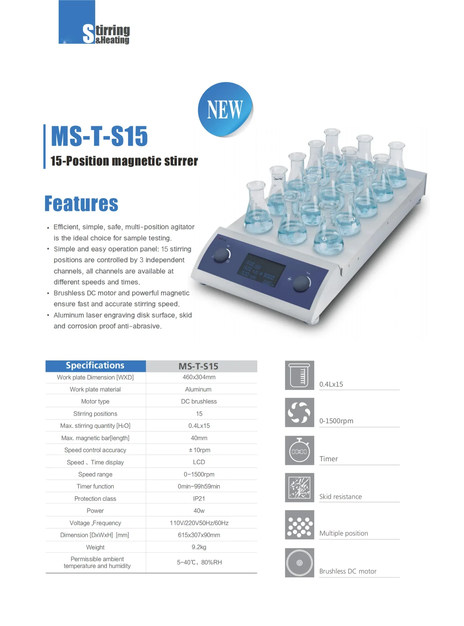 MS-T-S15  Aluminum Work plate Laboratory Digital Multi Channel 15 Position Magnetic Stirrer