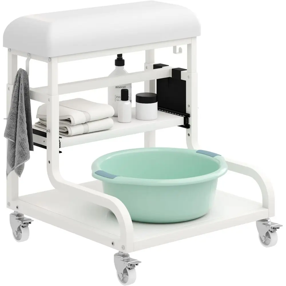 3-Level Adjustable Pedicure Rest with PU Cushion, Storage, and Locking Wheels