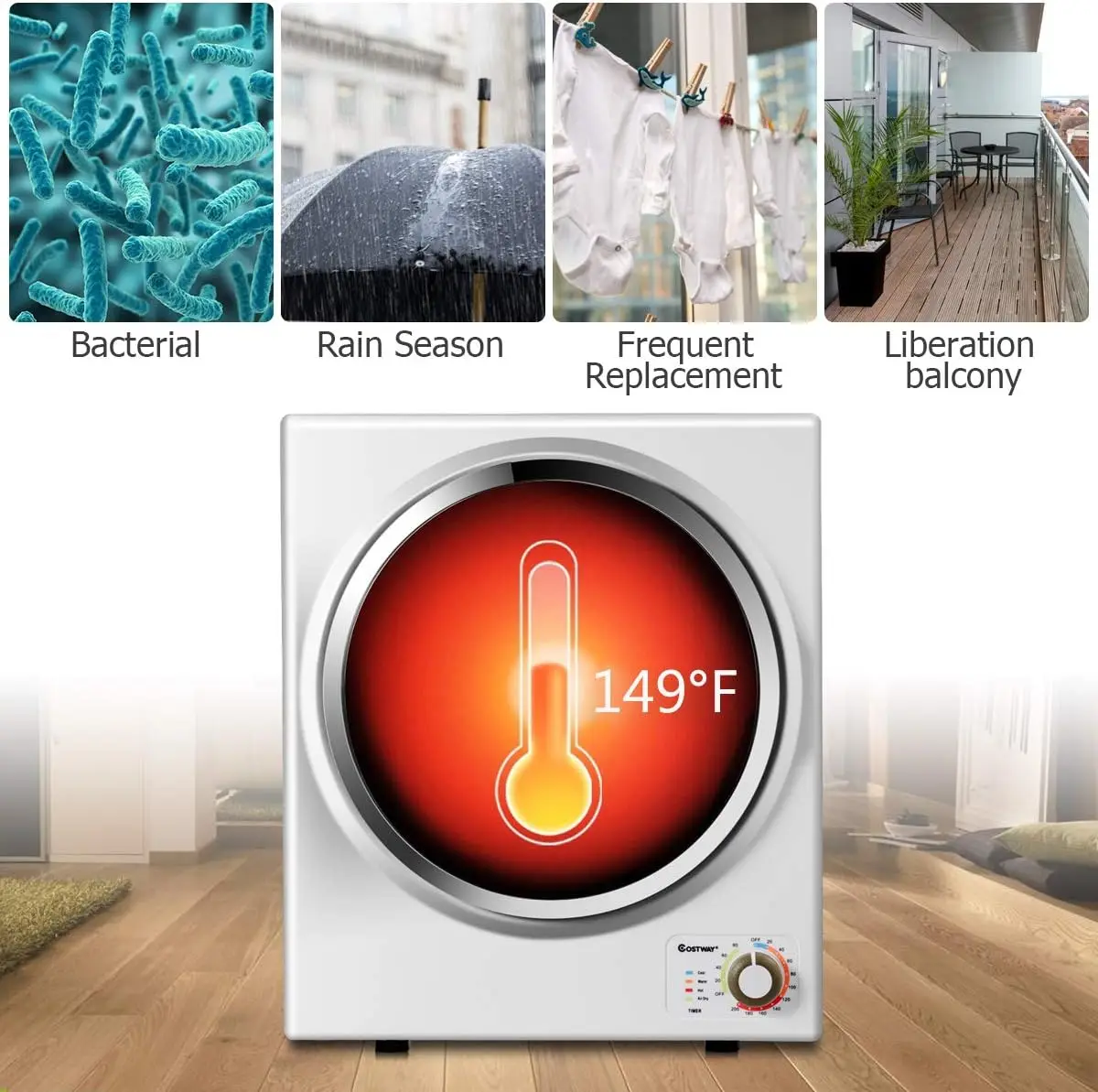 Secador de roupa elétrico portátil para banheira de aço inoxidável, para 4 modos de secagem automática, branco