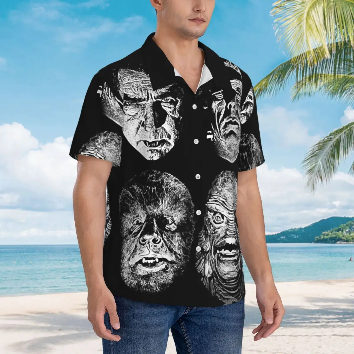 

Universal Studios, Monsters,dracula, Wolfman, Frankenstein Hawaiian Shirts Men Short Sleeve Shirt Summer Beach Men's Button Tops