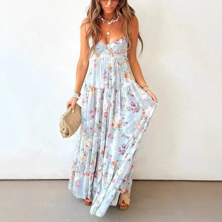 

Bohemian Style Flower Print Spaghetti Strap Dress Women Summer Sexy Low Cut Backless Long Dresses Casual Vacation Vestidos 2026