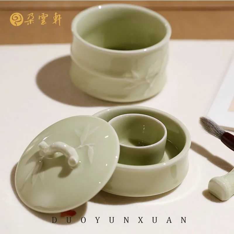 Creative Chinese Scholar's Set, Ceramic Brush Washer with Water Dropper & Brush Rest, Complete Calligraphy Kit, Desk Ornament