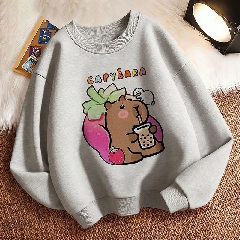 Girls' Cute Capybara Drinking Milk Tea Graphic Children's Sweatshirt Pullover SpringCrew Neck Hoodie Boy/Girl Kids Hoody