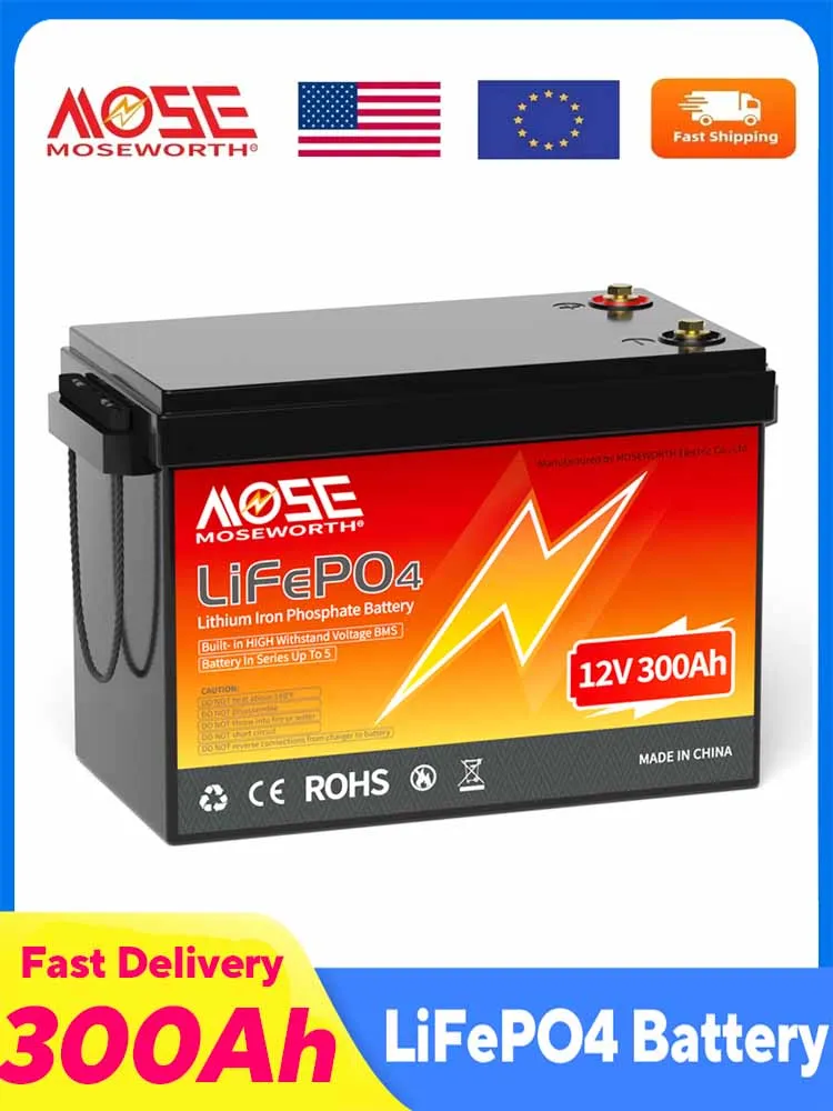MOSEWORTH 12V 300Ah LiFePO4-Batterie Lithium-Eisenphosphat-Batterie mit 200A BMS 8000+ Zyklen für Wohnmobile, Wohnmobile, Golfwagen, Geländewagen