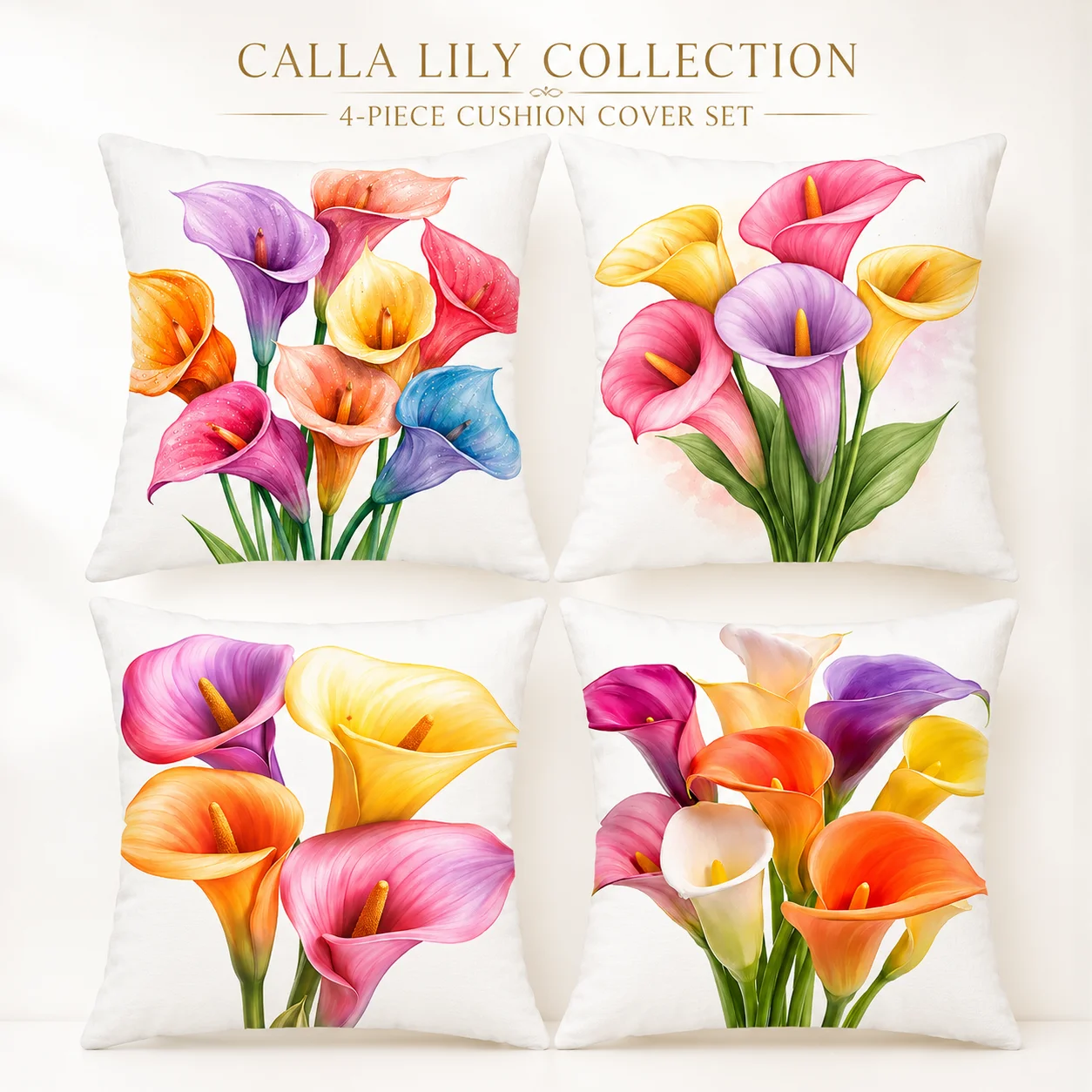 

Colorful Calla Lily Pillow Covers 4PCS Set 2D Flat Printed Peach Skin Floral Cushion Cover Spring Wedding Home Sofa Decor