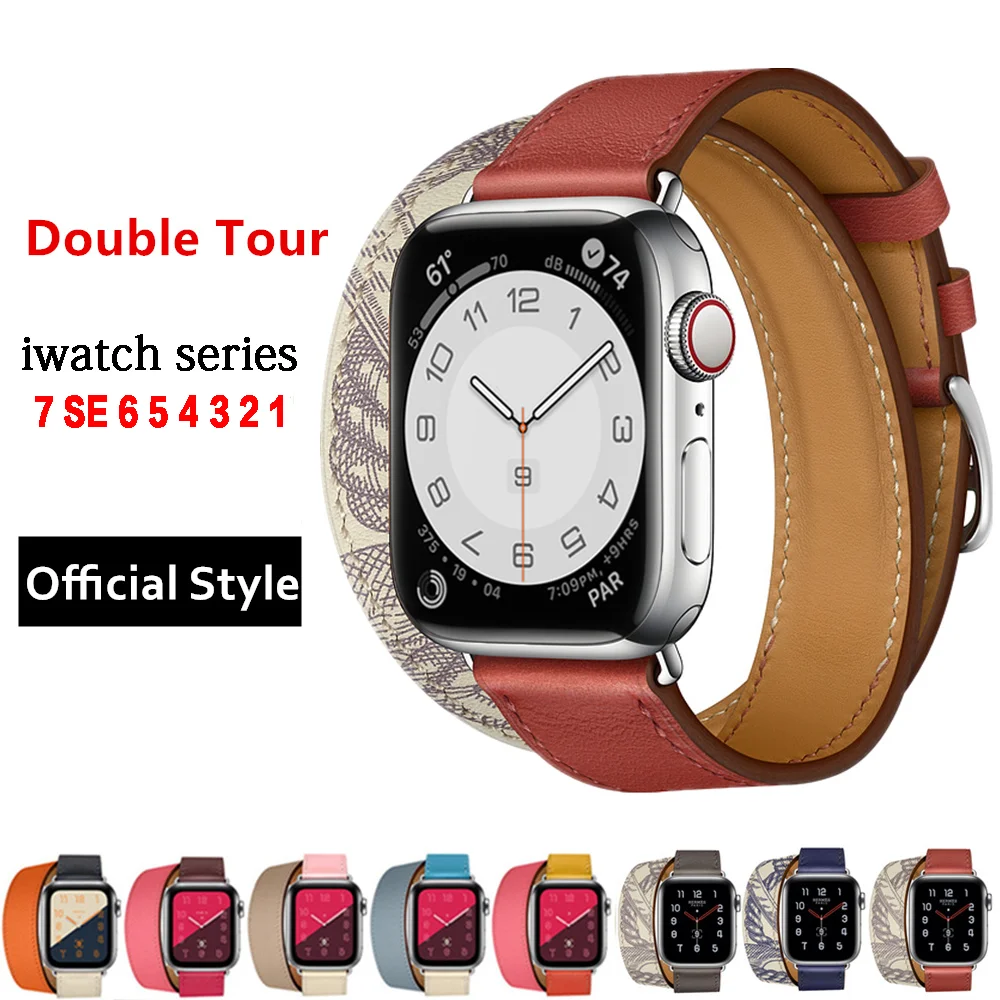 Double Tour For Apple Watch Band 44mm 40mm 45mm 41mm 38mm 42mm Genuine Leather Watchband Bracelet iWatch Series 3 4 5 6 7 Strap