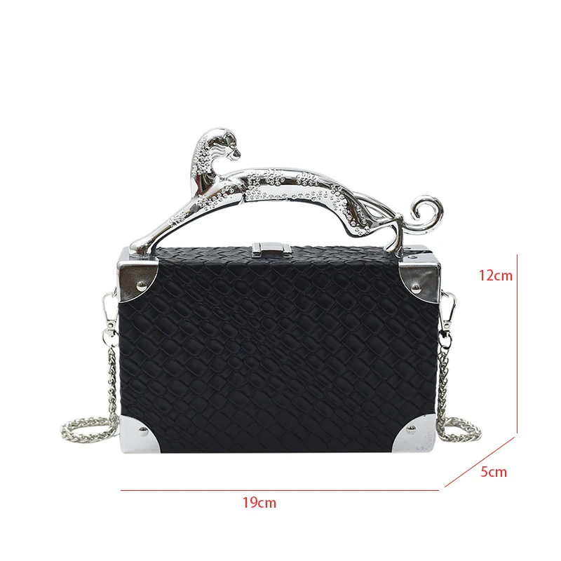 Silver Leopard Metal Handle Bag For Women Designer Chain Crossbody Bag Brand Plaid Handbag Ladies Box Evening Clutch Bag Purse