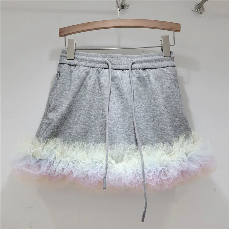 Sexy Woman Lace Stitching Drawstring Gray Skirt 2024 Summer New Casual High Waited Elastic Waist Slimming Short Skirts for Women