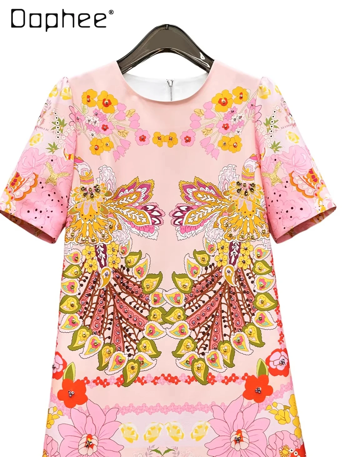 

Temperament Retro Print Crew Neck Short-sleeved Dress for Women Heavy Industry High End Socialite Evening Dresses A-line Dress