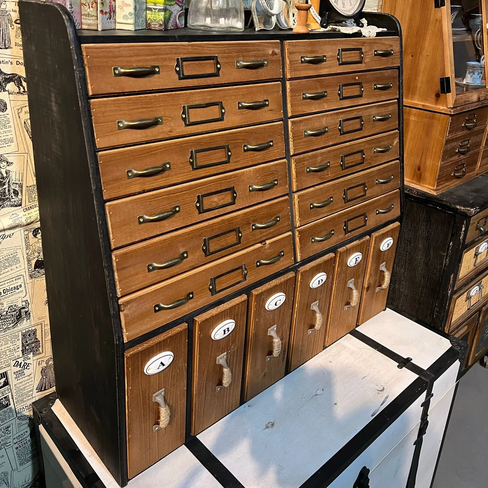 American Retro Country Wood Trapezoid Storage Cabinet with Many Drawers, Tabletop and Wall,Black and Brown